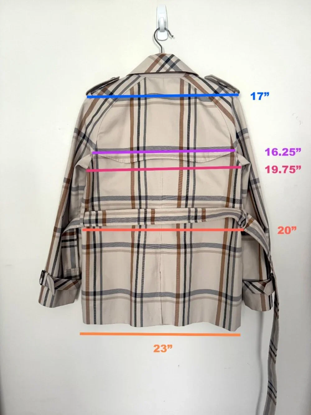 Coach New York tattersall beige plaid trench coat work business light academia
